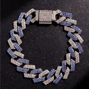 Crystal Cuban Link Bracelet - Blue & Silver Pavé